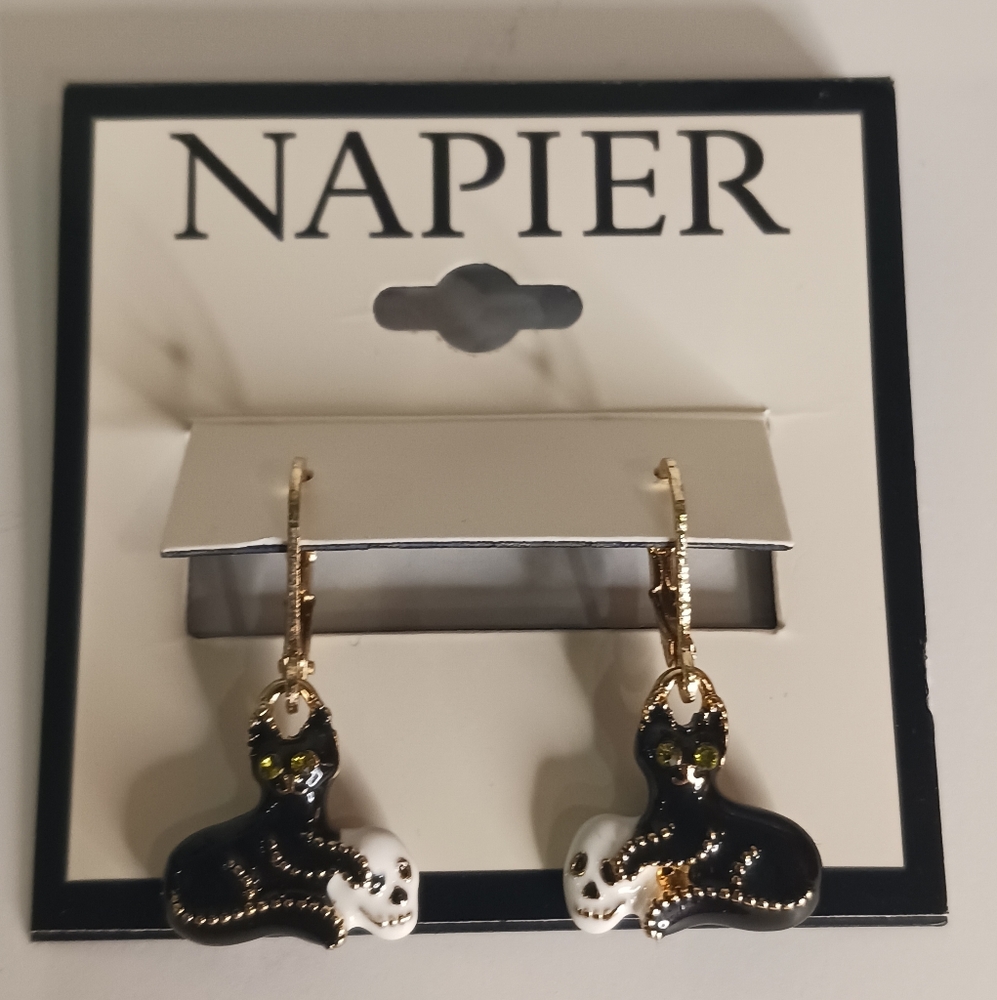 Enamel black cat with skull earrings